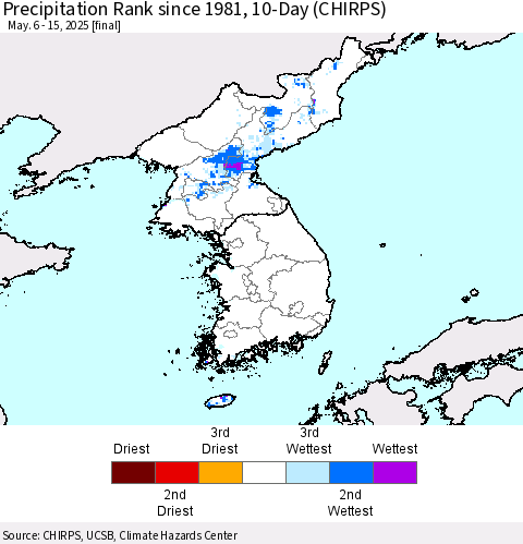 Korea Precipitation Rank since 1981, 10-Day (CHIRPS) Thematic Map For 5/6/2025 - 5/15/2025