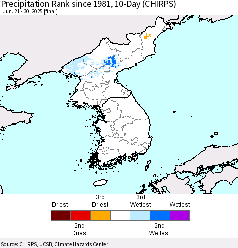 Korea Precipitation Rank since 1981, 10-Day (CHIRPS) Thematic Map For 6/21/2025 - 6/30/2025