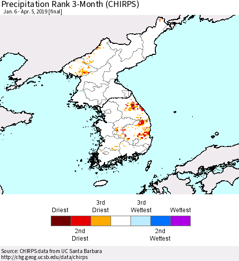 Korea Precipitation Rank since 1981, 3-Month (CHIRPS) Thematic Map For 1/6/2019 - 4/5/2019