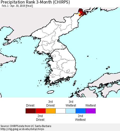 Korea Precipitation Rank since 1981, 3-Month (CHIRPS) Thematic Map For 2/1/2019 - 4/30/2019