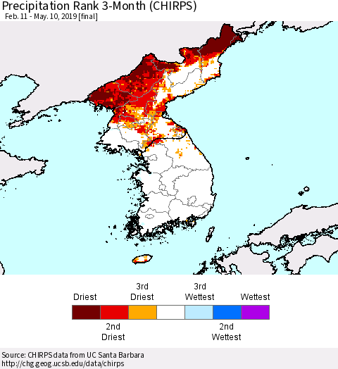 Korea Precipitation Rank since 1981, 3-Month (CHIRPS) Thematic Map For 2/11/2019 - 5/10/2019