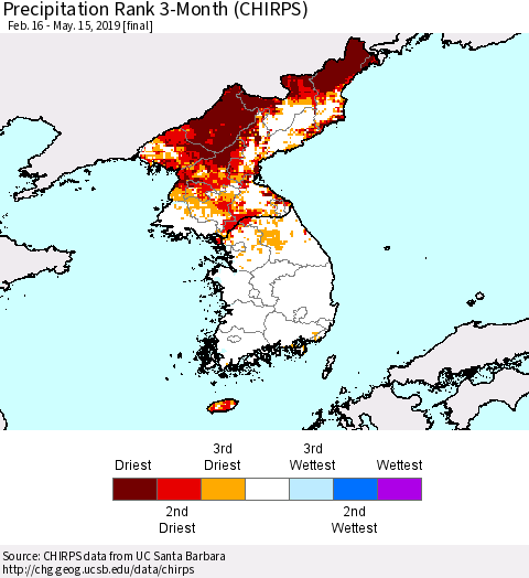 Korea Precipitation Rank since 1981, 3-Month (CHIRPS) Thematic Map For 2/16/2019 - 5/15/2019