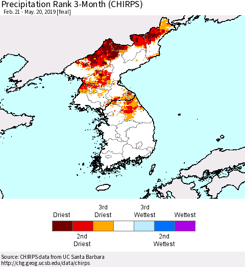 Korea Precipitation Rank since 1981, 3-Month (CHIRPS) Thematic Map For 2/21/2019 - 5/20/2019