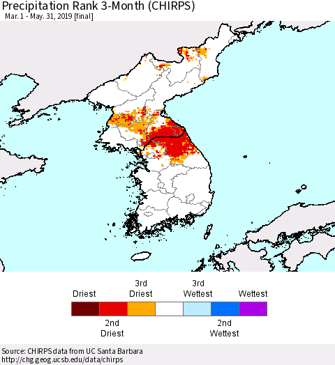 Korea Precipitation Rank since 1981, 3-Month (CHIRPS) Thematic Map For 3/1/2019 - 5/31/2019