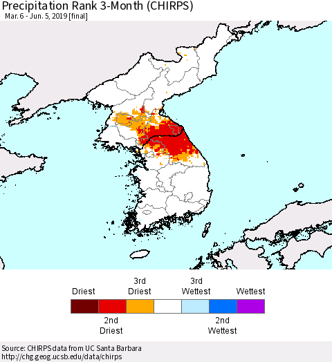 Korea Precipitation Rank since 1981, 3-Month (CHIRPS) Thematic Map For 3/6/2019 - 6/5/2019