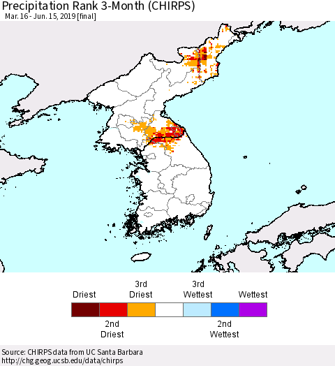 Korea Precipitation Rank since 1981, 3-Month (CHIRPS) Thematic Map For 3/16/2019 - 6/15/2019