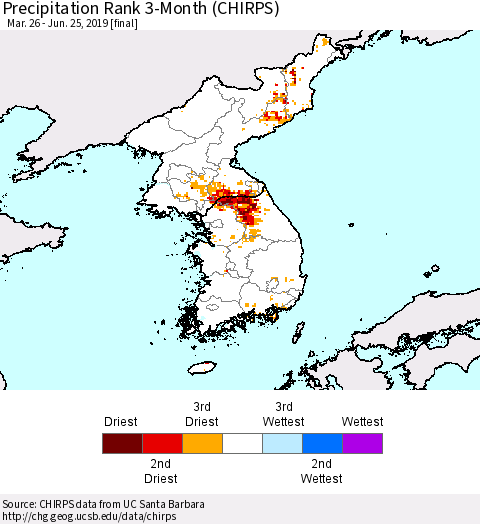 Korea Precipitation Rank since 1981, 3-Month (CHIRPS) Thematic Map For 3/26/2019 - 6/25/2019