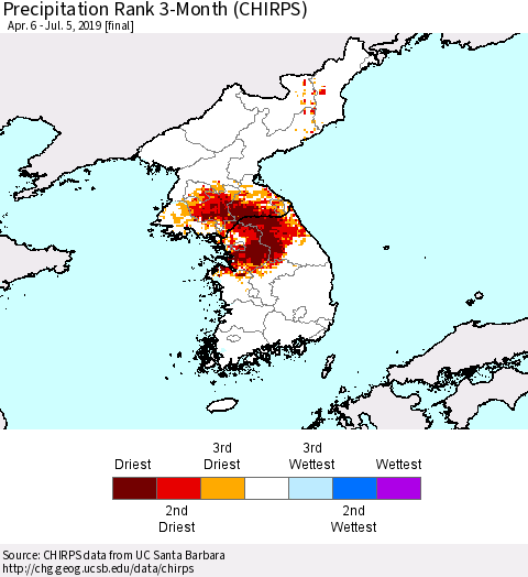 Korea Precipitation Rank since 1981, 3-Month (CHIRPS) Thematic Map For 4/6/2019 - 7/5/2019