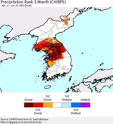 Korea Precipitation Rank since 1981, 3-Month (CHIRPS) Thematic Map For 4/11/2019 - 7/10/2019