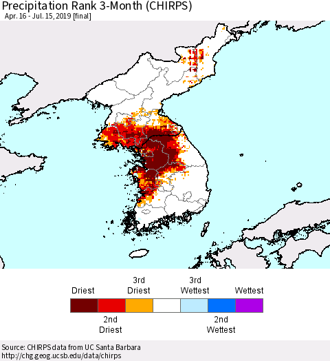 Korea Precipitation Rank since 1981, 3-Month (CHIRPS) Thematic Map For 4/16/2019 - 7/15/2019