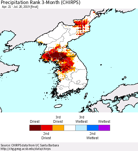Korea Precipitation Rank since 1981, 3-Month (CHIRPS) Thematic Map For 4/21/2019 - 7/20/2019