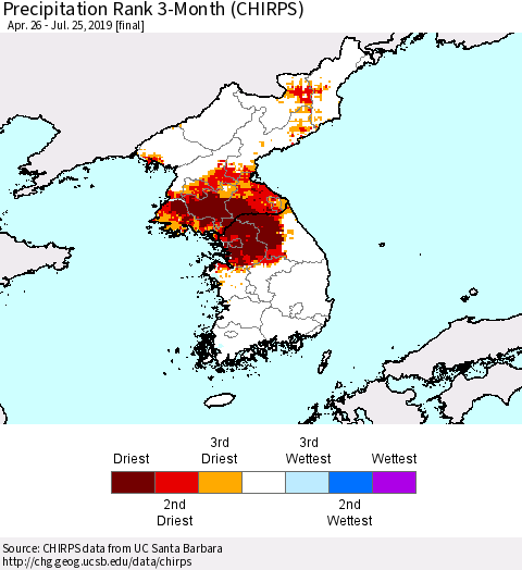 Korea Precipitation Rank since 1981, 3-Month (CHIRPS) Thematic Map For 4/26/2019 - 7/25/2019