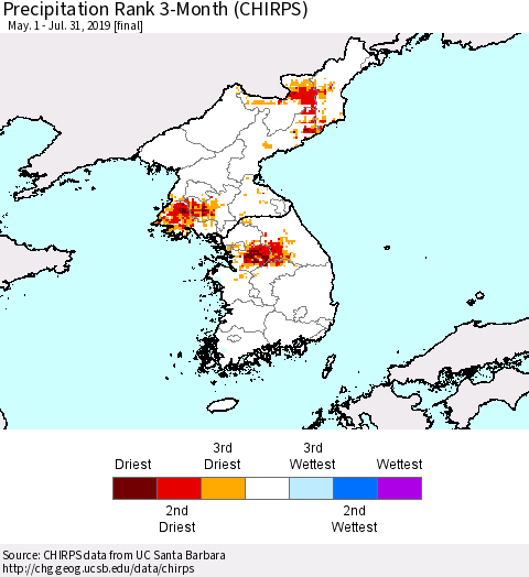 Korea Precipitation Rank since 1981, 3-Month (CHIRPS) Thematic Map For 5/1/2019 - 7/31/2019