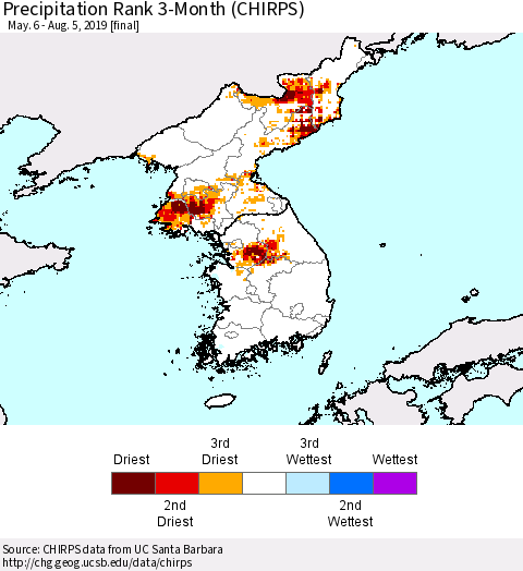 Korea Precipitation Rank since 1981, 3-Month (CHIRPS) Thematic Map For 5/6/2019 - 8/5/2019