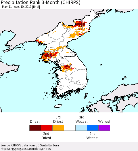 Korea Precipitation Rank since 1981, 3-Month (CHIRPS) Thematic Map For 5/11/2019 - 8/10/2019