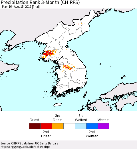 Korea Precipitation Rank since 1981, 3-Month (CHIRPS) Thematic Map For 5/16/2019 - 8/15/2019
