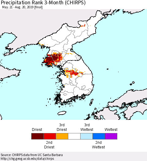 Korea Precipitation Rank since 1981, 3-Month (CHIRPS) Thematic Map For 5/21/2019 - 8/20/2019