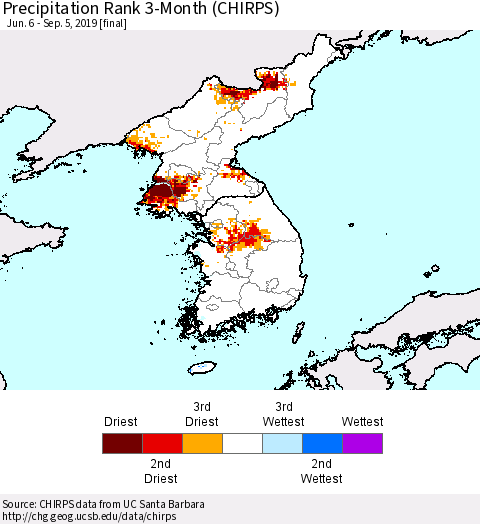 Korea Precipitation Rank since 1981, 3-Month (CHIRPS) Thematic Map For 6/6/2019 - 9/5/2019