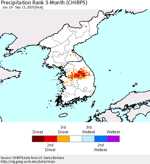 Korea Precipitation Rank since 1981, 3-Month (CHIRPS) Thematic Map For 6/16/2019 - 9/15/2019