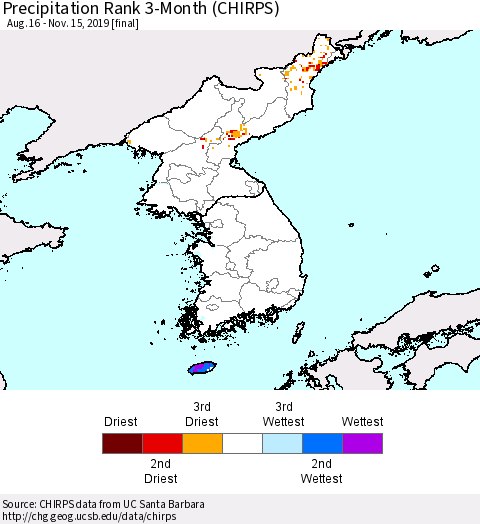 Korea Precipitation Rank since 1981, 3-Month (CHIRPS) Thematic Map For 8/16/2019 - 11/15/2019