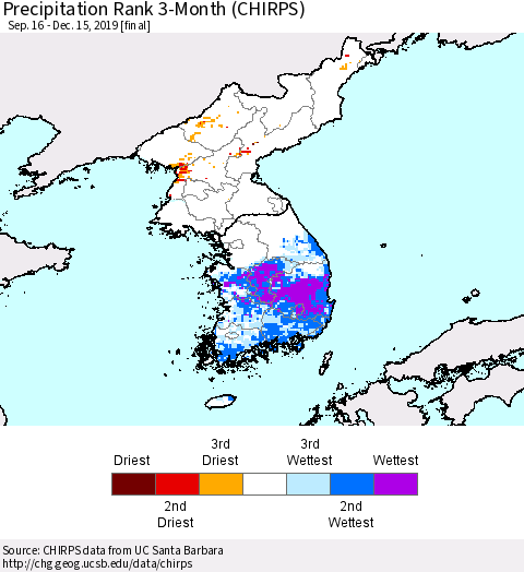 Korea Precipitation Rank 3-Month (CHIRPS) Thematic Map For 9/16/2019 - 12/15/2019