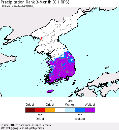 Korea Precipitation Rank 3-Month (CHIRPS) Thematic Map For 9/21/2019 - 12/20/2019