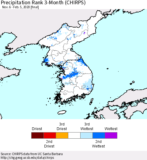 Korea Precipitation Rank 3-Month (CHIRPS) Thematic Map For 11/6/2019 - 2/5/2020