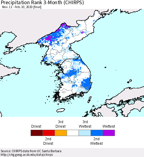 Korea Precipitation Rank 3-Month (CHIRPS) Thematic Map For 11/11/2019 - 2/10/2020