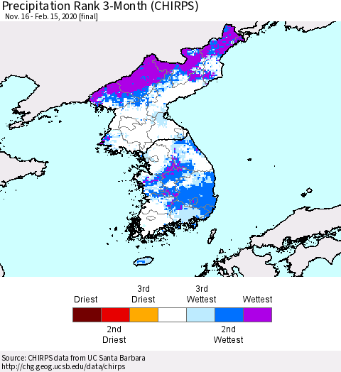 Korea Precipitation Rank 3-Month (CHIRPS) Thematic Map For 11/16/2019 - 2/15/2020