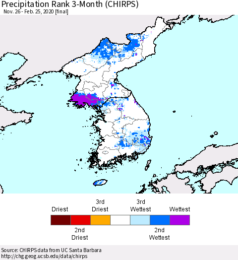 Korea Precipitation Rank since 1981, 3-Month (CHIRPS) Thematic Map For 11/26/2019 - 2/25/2020