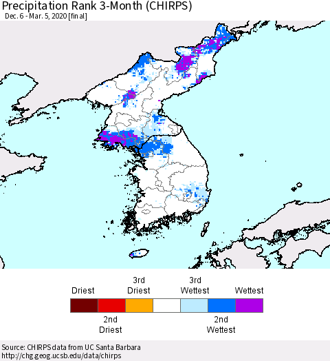 Korea Precipitation Rank 3-Month (CHIRPS) Thematic Map For 12/6/2019 - 3/5/2020
