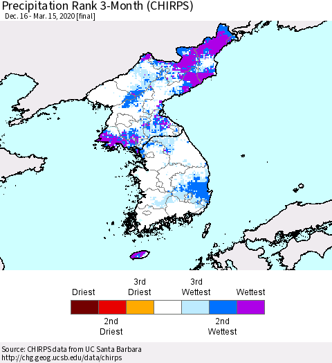 Korea Precipitation Rank 3-Month (CHIRPS) Thematic Map For 12/16/2019 - 3/15/2020