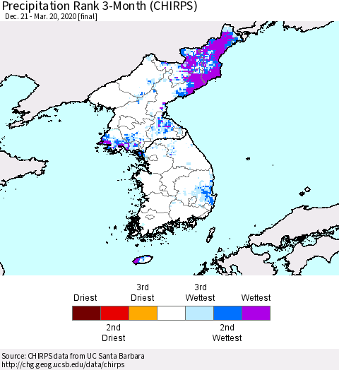 Korea Precipitation Rank since 1981, 3-Month (CHIRPS) Thematic Map For 12/21/2019 - 3/20/2020