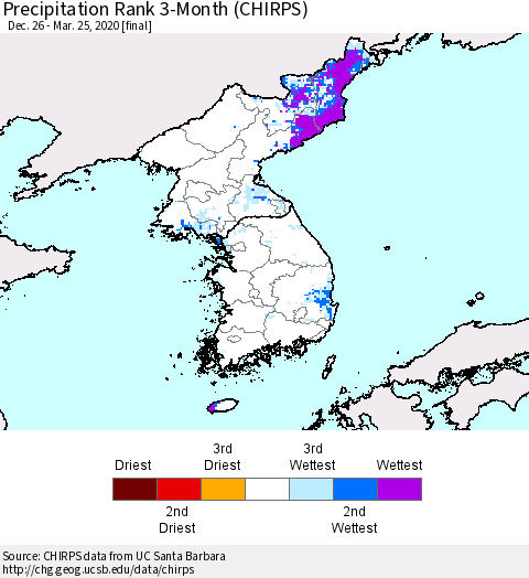 Korea Precipitation Rank since 1981, 3-Month (CHIRPS) Thematic Map For 12/26/2019 - 3/25/2020
