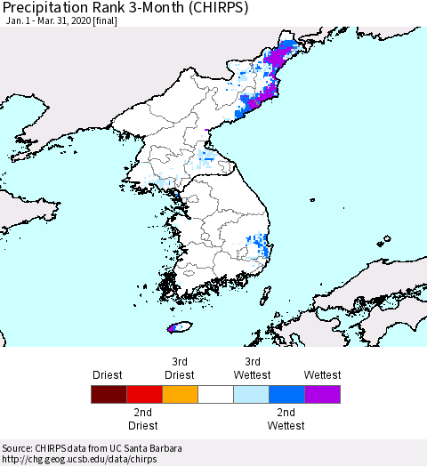Korea Precipitation Rank 3-Month (CHIRPS) Thematic Map For 1/1/2020 - 3/31/2020