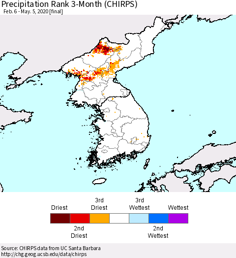 Korea Precipitation Rank since 1981, 3-Month (CHIRPS) Thematic Map For 2/6/2020 - 5/5/2020
