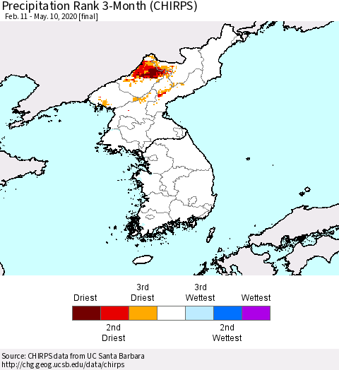 Korea Precipitation Rank 3-Month (CHIRPS) Thematic Map For 2/11/2020 - 5/10/2020