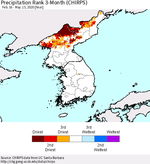 Korea Precipitation Rank 3-Month (CHIRPS) Thematic Map For 2/16/2020 - 5/15/2020
