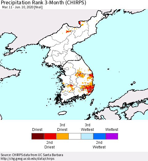Korea Precipitation Rank 3-Month (CHIRPS) Thematic Map For 3/11/2020 - 6/10/2020