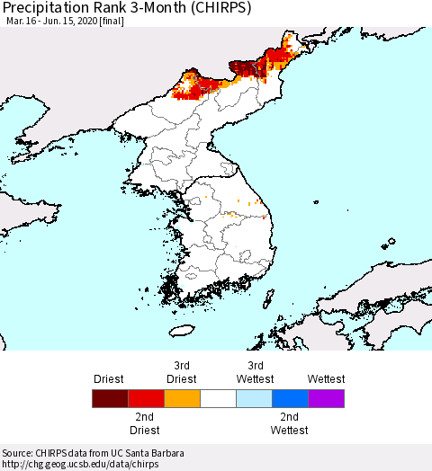 Korea Precipitation Rank 3-Month (CHIRPS) Thematic Map For 3/16/2020 - 6/15/2020