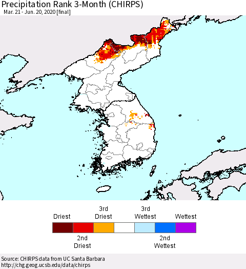 Korea Precipitation Rank since 1981, 3-Month (CHIRPS) Thematic Map For 3/21/2020 - 6/20/2020