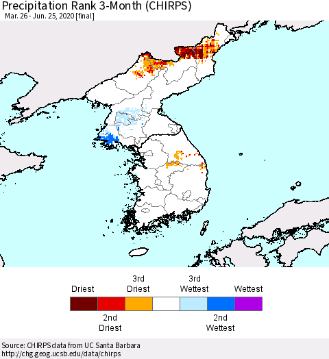 Korea Precipitation Rank 3-Month (CHIRPS) Thematic Map For 3/26/2020 - 6/25/2020