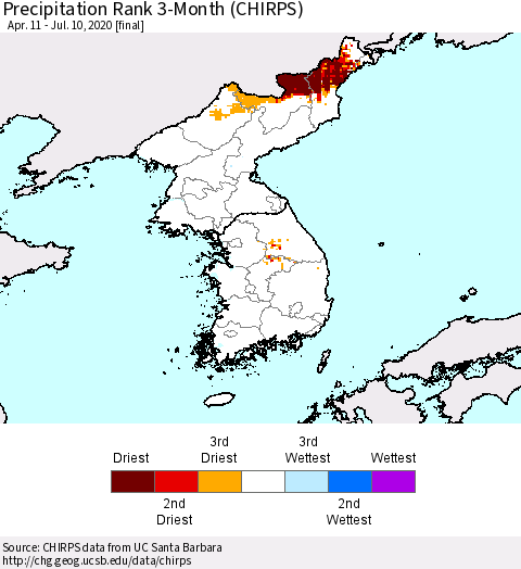 Korea Precipitation Rank 3-Month (CHIRPS) Thematic Map For 4/11/2020 - 7/10/2020