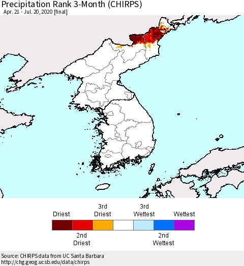 Korea Precipitation Rank 3-Month (CHIRPS) Thematic Map For 4/21/2020 - 7/20/2020
