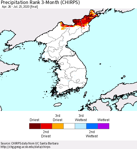 Korea Precipitation Rank 3-Month (CHIRPS) Thematic Map For 4/26/2020 - 7/25/2020