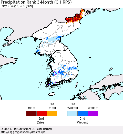 Korea Precipitation Rank 3-Month (CHIRPS) Thematic Map For 5/6/2020 - 8/5/2020