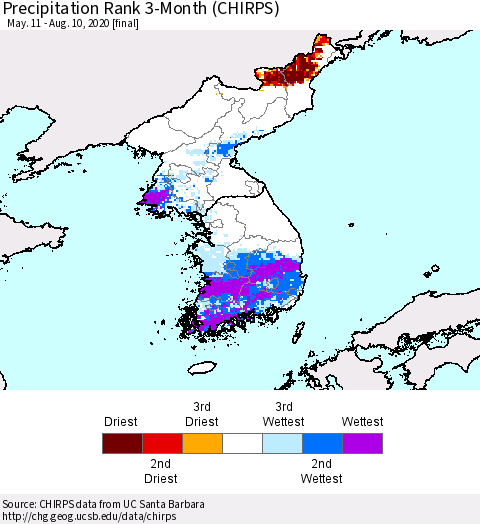 Korea Precipitation Rank 3-Month (CHIRPS) Thematic Map For 5/11/2020 - 8/10/2020