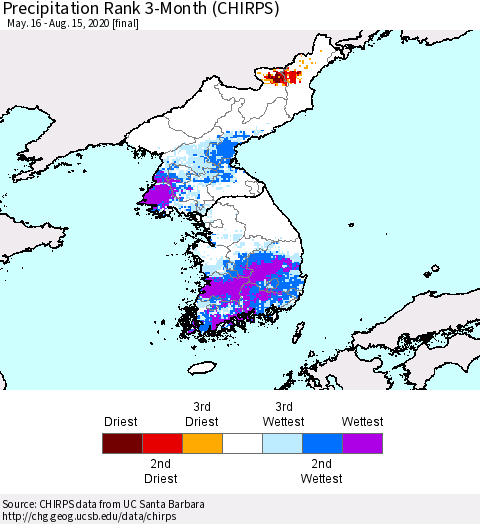 Korea Precipitation Rank since 1981, 3-Month (CHIRPS) Thematic Map For 5/16/2020 - 8/15/2020