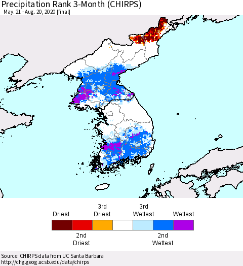 Korea Precipitation Rank 3-Month (CHIRPS) Thematic Map For 5/21/2020 - 8/20/2020