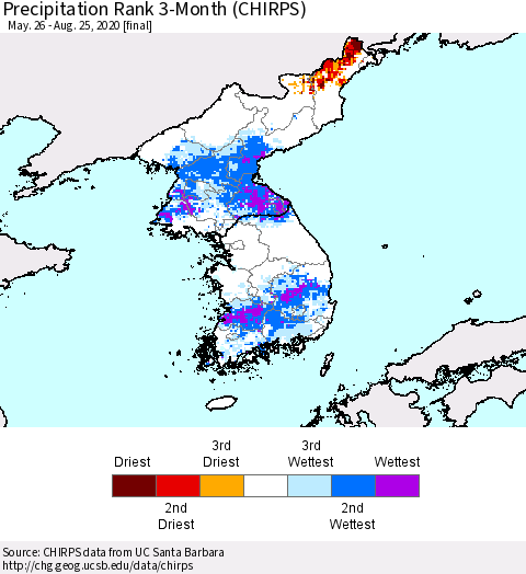 Korea Precipitation Rank 3-Month (CHIRPS) Thematic Map For 5/26/2020 - 8/25/2020